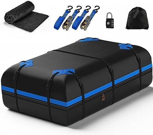 KAIZONPOT Rooftop Cargo Carrier Bag Waterproof Car Roof Bag 15 Cubic feet for All Car with Anti-Slip Mat, Reinforced Straps, 8 Door Hooks, Luggage Lock, Storage Bag