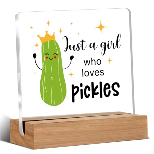Pickle Gifts for Women Friends, Pickles Acrylic Plaque Gifts for Pickle Lovers, Just A Girl Who Loves Pickles Desk Signs Decor 4 × 4 Inches