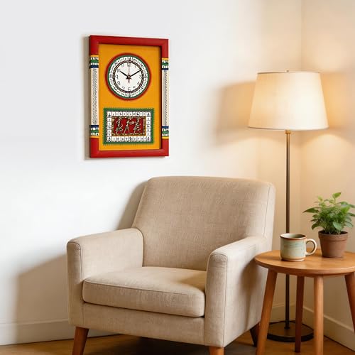 Image of AAKRITI ART CREATIONS Wall Clock Handcrafted Warli Art Yellow Dial with Glass Frame Red | Wall Clock for Home, Home Decoration | Lightweight Wooden wall Decor | Matte Finish