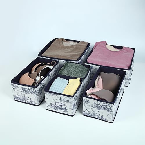 Image of House of Quirk Non-Woven Foldable Cloth Storage Box, Set of 8 Closet Dresser Drawer Organizer Containers for Underwear, Socks, Ties, Scarves with Drawers (Greek Blue), 28x28x13 cm