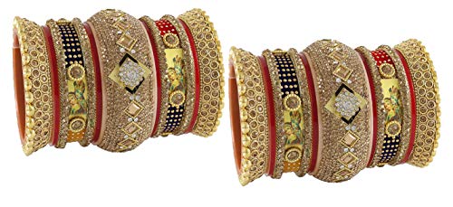 Image of NMII Traditional Gold Plated Acrylic Bangles Bridal Chuda Set For Women & Girls with Zircon Diamond & Pearls Beads Work | Royal Wedding Chudas | Premium Look | Bangles For Wedding, Festive, Function