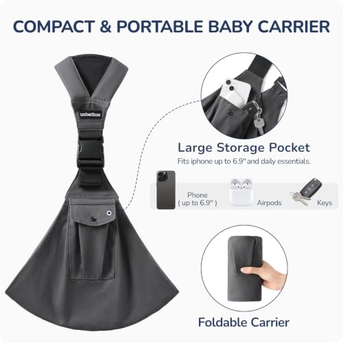Image of Baby Sling Carrier with Wide Shoulder Padding, 100% Cotton | Adjustable Waist Strap, Ergonomic Hip, Storage Pocket, Hands-Free & Comfortable, for Toddlers 4-36 Months (8-35 lbs)