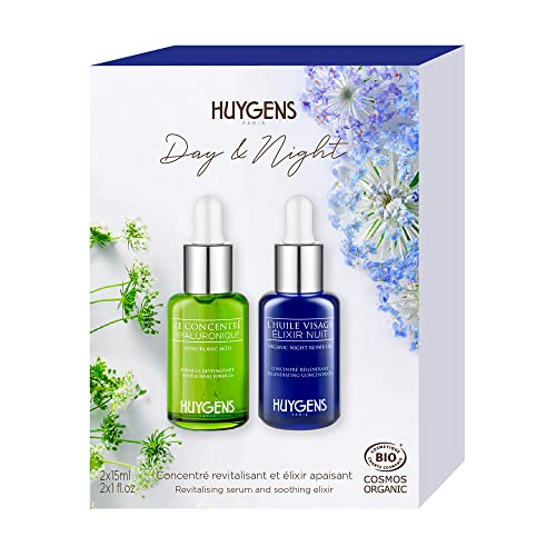 HUYGENS, Night & Day Duo, 2 Organic Serums, 2x15mL, Hyaluronic Acid Concentrate & Elixir Night Concentrate, 100% natural