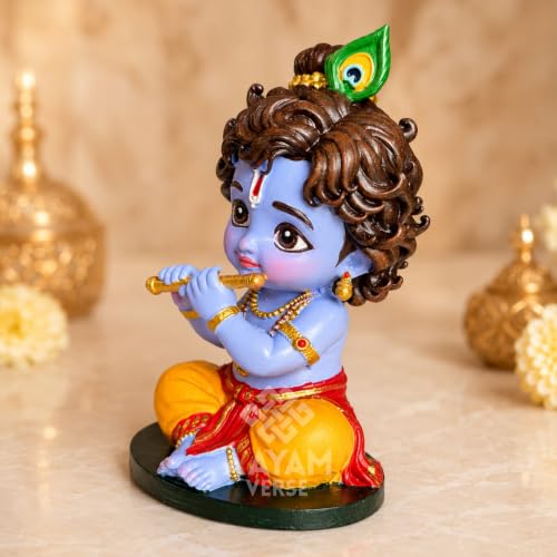 Image of Balroop Blessings Natkhat Krishna Murti for Car Dashboard | 3.5 Inch Cute Laddu Gopal Idol | Premium Hand-Painted UV Resin Murti | Home Temple, Office & Gift