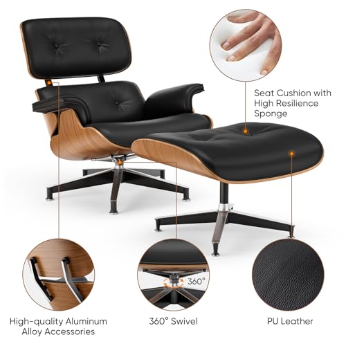 Image of Top Black PU Leather, Mid Century Chaise Lounge Chair and Ottoman, Modern Chair Classic Design, Walnut Wood, Heavy Duty Base Support for Living Room Office