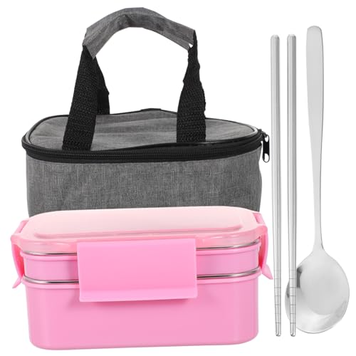 Toyvian Caja Almuerzo Térmica de Acero Inoxidable Fiambrera Portátil con Compartimentos Dobles Incluye Bolsa Aislante y Cubiertos para Oficina y Escuela