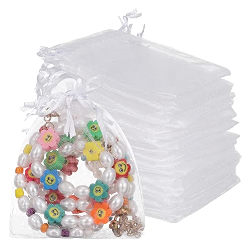 Yorgewd 100 Pcs Sacs Organza, 7 x 9cm Sachets Pochettes Cadeau en Organza Sac Bijoux avec Cordon de Serrage Sachets de Lavande pour Dragée Bonbonnière Cadeau Faveur de Mariage Blanc Cover