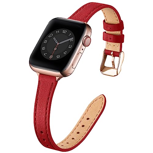 Image of STIROLL Slim Leather Bands Compatible with Apple Watch Band 38mm 40mm 41mm 42mm(Series 11 10), Top Grain Leather Watch Thin Wristband for iWatch SE 9 8 7 6 5 4 3 2 1(Red Rose Gold)