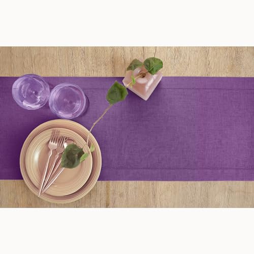 Solino Home Linen Table Runner 120 Inches Long - Classic Hemstitch 100% Pure Linen Purple Dining Table Runner 14 x 120 Inch for Fall, Autumn, Halloween, Thanksgiving, Holiday by Solino Home - Image 3