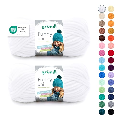 Gründl Wolle Funny uni - weiche Chenille Wolle zum Häkeln - Kuschelig und hautfreundlich - 100% Polyester - 2 Knäuel 100 g / 120 m - Nadelstärke 5-6, Weiß