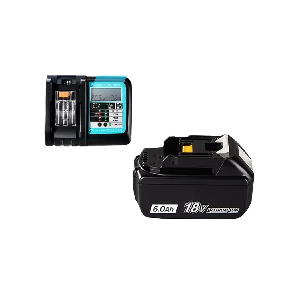 Batteria ricaricabile for elettroutensili agli ioni di litio da 18 V 2 Ah-6 Ah | Cella con indicatore della batteria, compatibile con Makita,(6Ahx1LEDChargerX1)
