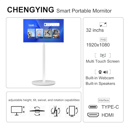 Image of Chengying 32 inch FHD Smart Portable Monitor with Touch Screen and Android OS | Built-in Battery | Webcam | Full Swivel Rotation