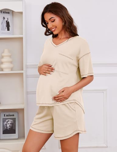 Image of Womens Pajama Sets Waffle Knit 2 Piece Short Lounge Set Cute Sleep Loungewear Pjs Set Short Sleeve Top and Shorts