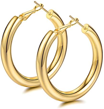 Gold Hoop Earrings for Women Girls 18K Gold Hoop Earrings Large Lightweight Chunky Hoops Gold Huggie Earrings with Sterling Silver Post 50mm