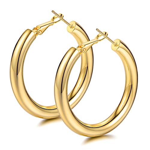 Hoop Earrings 18K Yellow Gold Plated 5MM Thick Tube Lightweight Hoops with 925 Sterling Silver Post for Women(Tube-Yellow)