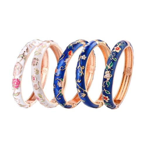 Image of UJOY Bangles 5 Pcs Enamel Jewelry Set Rose Flower Engraved Cloisonne Bracelets Pack in a Box 5PCS