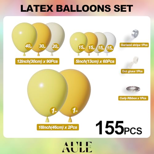 Image of AULE Balloon Arch Kit, Yellow /Mustard Yellow /White, 155Pcs | Macaron Yellow Balloons Garland for Sunflower Birthday Bee Graduation Anniversary Gender Reveal Shower Theme Party Decoration