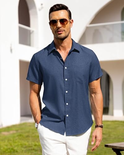 Image of Alimens & Gentle Mens Linen Shirts Short Sleeve Button Down Shirts Wrinkle Free Casual Vacation Beach Summer Tops