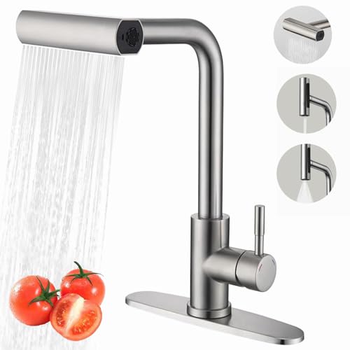 YUUTY Grifo de Cocina de Acero Inoxidable, 360° Grifo para Fregadero de Cocina de Agua Caliente y Fría Llave Mezcladora, Giratorio Grifo Cocina Extraible con Cuatro Modos de Agua
