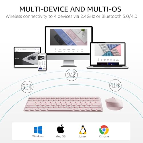 Image of Rapoo Multi-Device Keyboard and Mouse Combo, 2.4GHz /Bluetooth 5.0 /4.0 Wireless Keyboard & Mouse Set for Windows /Mac /Linux /Chrome, Support 4 Devices, Low-Profile Silent Click, Battery Powered, Pink