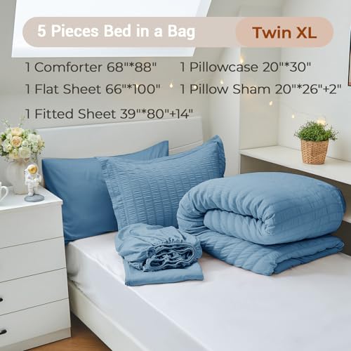 Image of MUXHOMO 5 Pieces Twin XL Comforter Set, Seersucker Bed in a Bag Twin XL Size, All Season Luxury Bedding Set with Comforter, Flat Sheet, Fitted Sheet, Pillowcase & Sham, Mineral Blue
