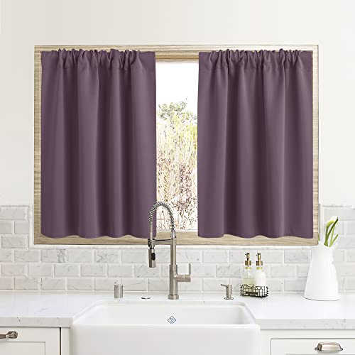 RYB HOME Small Window Curtains for Kitchen, Thermal Insulated Privacy Shades for Bedroom Basement Bathroom Door Half Window Tiers, Width 34 x Length 24 inch, 2 Panels, Plum