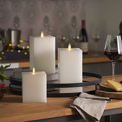 Luminara Square Flameless Candle Moving Flame Led Pillar (4"X7.5") Flat Top Unscented Real Wax Smooth Finish, Timer And Remote Ready (White) #TOP6