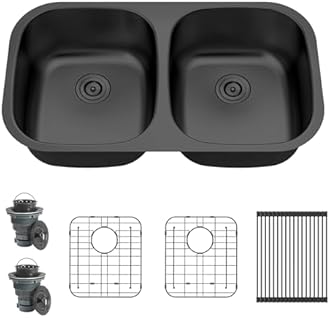 32 Inch Granite Composite Black Double Bowl Kitchen Sink Undermount 50/50 Curved Matte Black Quartz Sinks 32" x 18" x 9"