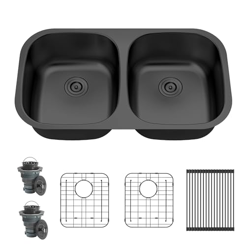 32 Inch Granite Composite Black Double Bowl Kitchen Sink Undermount 50/50 Curved Matte Black Quartz Sinks 32" x 18" x 9"