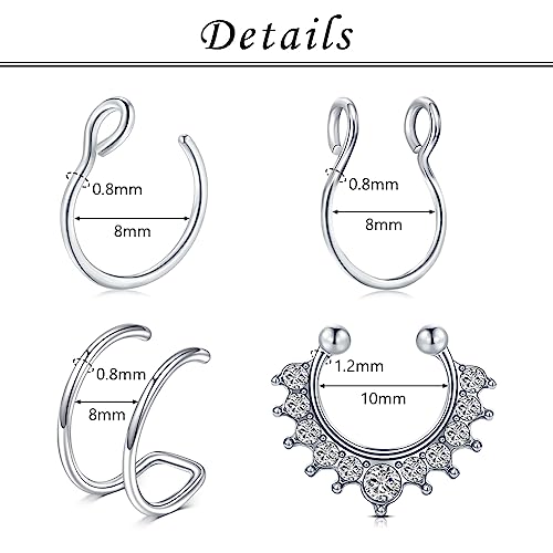 اقراط انف حلقية مزيفة للحاجز الانفي من توكرينج، اقراط بمشبك على الشفاه والاذن، مجوهرات غير مثقوبة للنساء والرجال بلون فضي