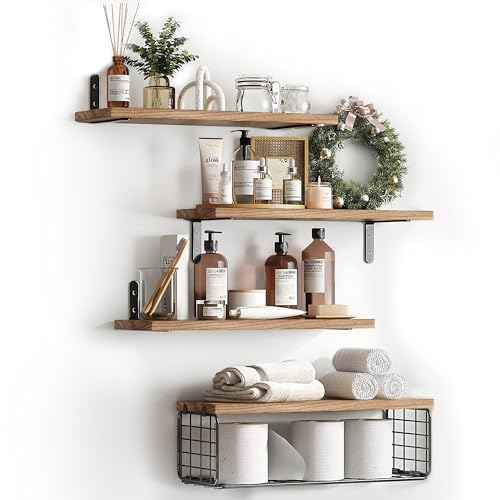FREEAMG Lot de 4 Étagères Murales en Bois, 40CM Étagère de Salle de Bain avec Panier en Métal, Étagères Murales Flottantes de Style Rustique pour Salon,...