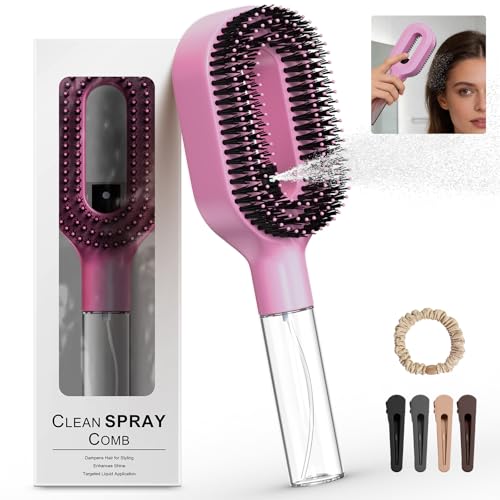 2-in-1 Portable Misting Hair Brush Manual Press Water Spray Hair Brush With Water Spray Wet & Dry Detangling Spray Brush Anti-Frizz Suitable for All Hair Types and Textures (Pink)