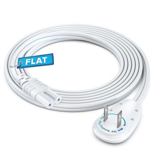 Maximm 2-Prong TV Power Cord 6ft, 360° Rotating Flat Plug, UL Certified, Non-Polarized, Compatible with Samsung, LG, Sony, TCL, Hisense, and More LED LCD Smart TVs, White