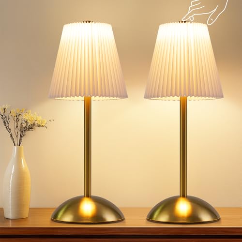 meoaow Lámpara de Mesa Sin Cable Juego de 2 Lámparas de Noche - de Mesa LED con Batería, Táctil, Regulable de Intensidad, 3 Temperaturas de Color, con Puerto USB, Pantalla de Tela Blanca, Diseño