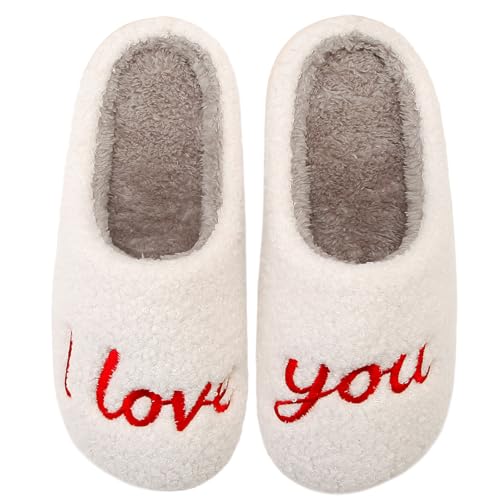 Image of Women's Men's Cute Fuzzy Heart Slippers Memory Foam Fluffy Couple Slippers Cozy House Indoor Outdoor Shoes