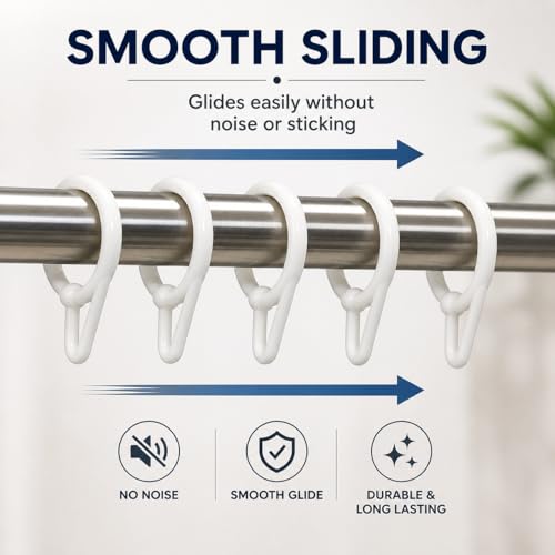 Image of Curtain Rings with Hooks for Windows, Door & Bathroom Curtains - Heavy Duty Plastic, Rustproof, Smooth Sliding - 1.25 Inch, Pack of 100
