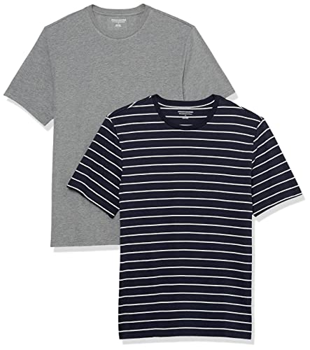 Amazon Essentials Camiseta de Manga Corta, Cuello Redondo y Corte Ajustado Hombre, Pack de 2, Azul Marino Rayas/Gris Mezcla, L