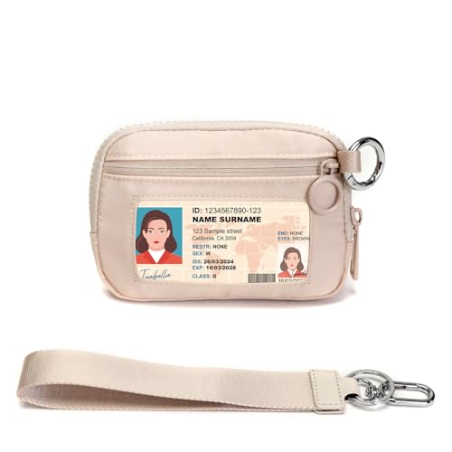Beige Mini Zip Card Case for Women with Clear ID Window, Coin Purse, Lightweight Small Zipper Wallet,Portable Organizer