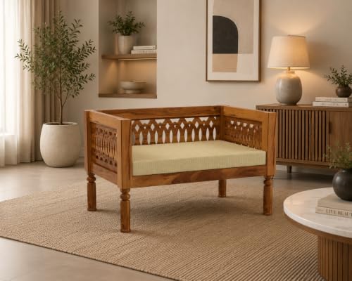 Image of NATRAJ ART & CRAFT Sheesham Wood 2 Seater Sofa Set for Living Room | Wooden CNC Sofa Set for Living Room Furniture (2 Seater, Honey Finish)