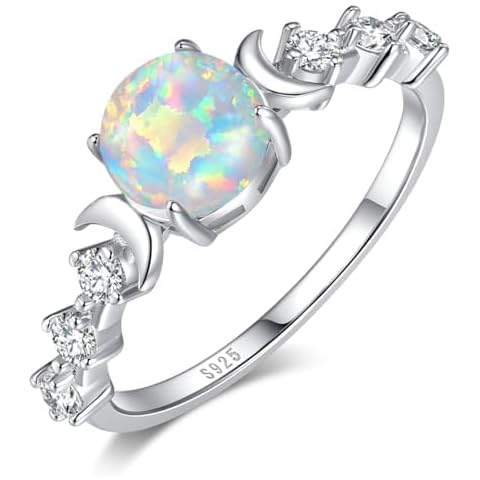 Angol Natural Moonstone Ring for Women, 925 Sterling Silver Triple Moon Goddess Engagement Promise Ring Anniversary, Birthday, Christmas, Valentine's Day Gift for Her (Opal-Silver, 9) Cover