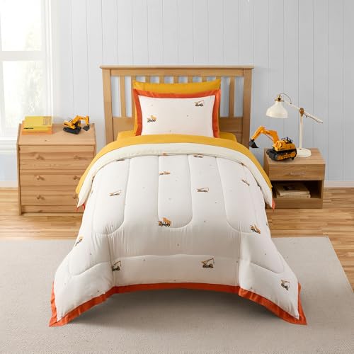 Image of Construction Bedding Set Twin Size - Bed in a Bag with Sheets, Pillowcases & Shams - Soft Construction Bedding Comforter Set with Dump Trucks, Cranes & Bulldozers - Fun Kids Construction Bedroom Decor