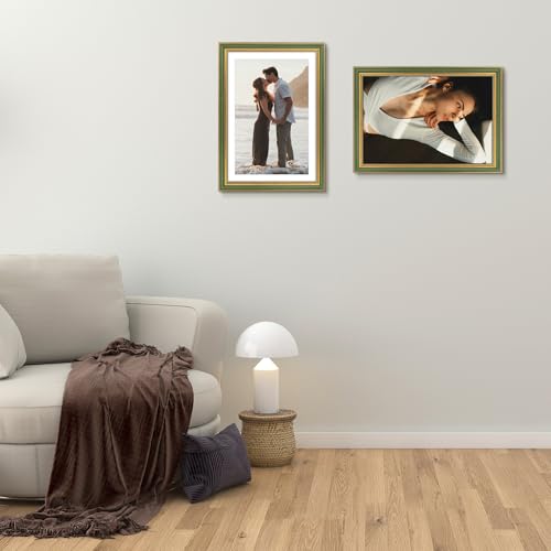 Image of Golden State Art,13x19 Ornate Picture Frame Holds 11x17 Photo,Green Gold | Includes plexiglass front,white mat,build-in hangers and buttons.Displays 11x17 photo on wall