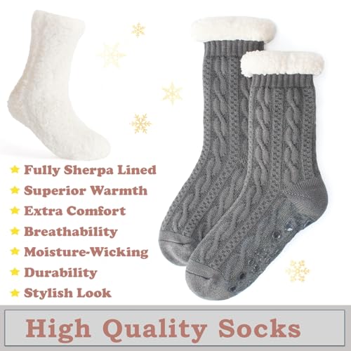 Women's Knit Slipper Socks with Non-slip Grippers, Warm Fuzzy Fluffy Sherpa Lined, Cozy Christmas Gifts4