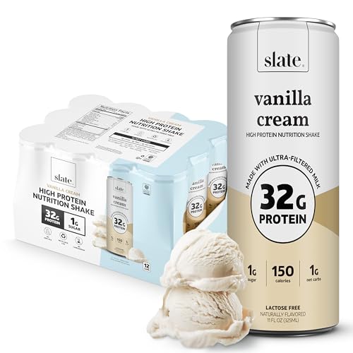 Slate Milk - High Protein Nutrition Shake - Vanilla Cream - 32g Protein, 1g Sugar, 150 Calories, 1g Net Carbs - Lactose Free - No Added Sugar - Breakfast Boost, Post Workout - 11 fl oz, 12 Cans