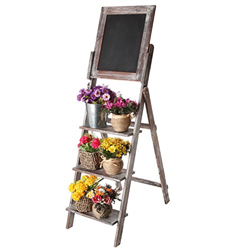 MyGift Decorative Torched Wood Easel Style Chalkboard Stand with 3 Tier Display Shelves