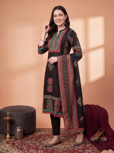 Image of INDO ERA Women's Pure Cotton Abstract Printed Mirror Work Kurta & Pant with Dupatta Set (IEAI13205)|Cotton Suits For Women With Dupatta