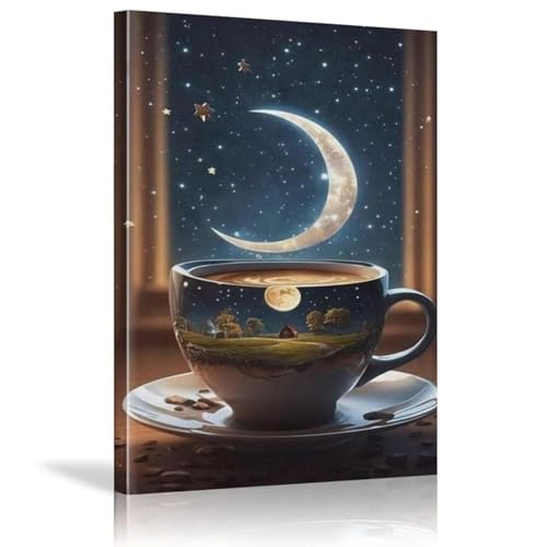 Peinture sur toile abstraite lune étoiles et café art mural 21x30cm