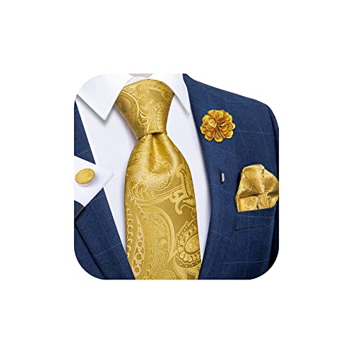 Image of DiBanGu Silk Ties for Men Necktie and Lapel Pin Brooch Set Formal Woven Paisley Plaid Striped Solid Tie Wedding Party