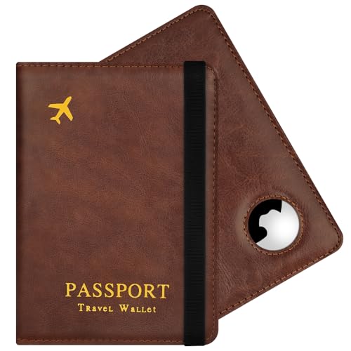 AOOSU Funda Pasaporte, Porta Pasaporte con Bloqueo RFID, Cuero de PU Porta Documentos Viaje con Slot Airtag para Pasaportes Tarjetas Crédito Funda Tarjeta Identific (Marrón)