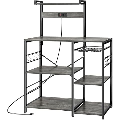 SUPERJARE Bakers Rack with Power Outlet, Microwave Stand, Coffee Bar with Wire Basket, Kitchen Storage Rack with 6 S-Hooks, Kitchen Shelves for Spices, Pots and Pans - Charcoal Gray Cover